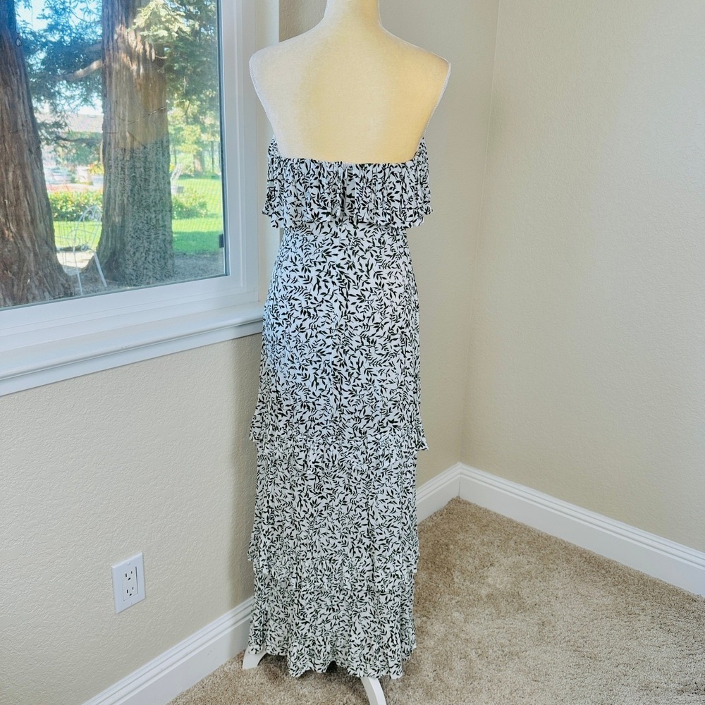 Hello‎ Molly Strapless Maxi Dress Womens S White Green Leaf Print Ruffle Resort - Picture 3 of 10